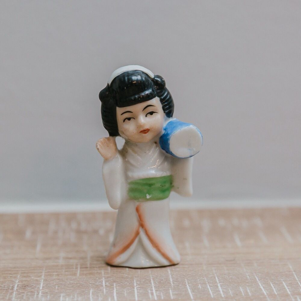 Japanese Style Ceramic Kimono Girl Figurine with Blue Drum